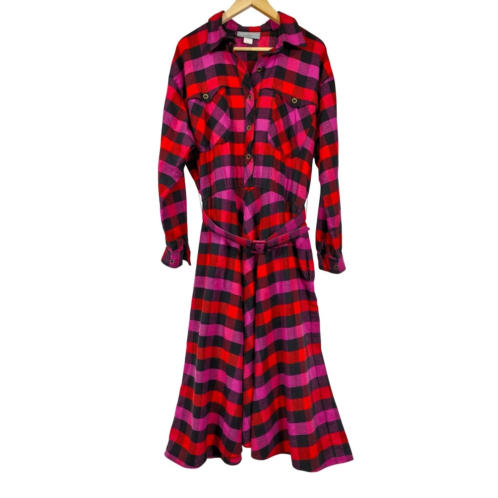 Vtg Carol Anderson Buffalo Plaid Flannel Midi‎ Dress 10 Red 90s Grunge Aesthetic